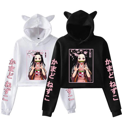 Kamado Nezuko Cropped Hoodie with Cat Ears